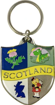 Scottish Souvenir Keyring Scotland Shield Crest 4 Designs Thistle, Nessie, Piper, Map Brass Metal
