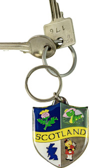 Scottish Souvenir Keyring Scotland Shield Crest 4 Designs Thistle, Nessie, Piper, Map Brass Metal