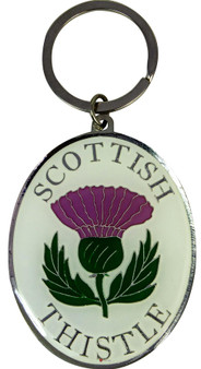 Scottish Souvenir Keyring Thistle Design on Oval White Brass Metal