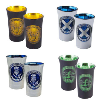Set of 2 Slammer Glasses Electroplated 50ml Scottish Cow, Thistle, Flag, Nessie Set of 2 Slammer Glasses Electroplated 50ml Scottish Cow, Thistle, Flag, Nessie