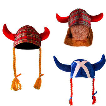Viking Hat with Horns & Red Braids Scottish Novelty Hat
