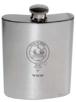 Wood Family Crest 6oz Polished Pewter Kidney Flask