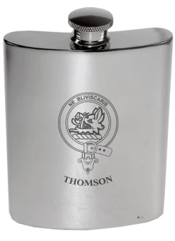 Thomson Family Crest 6oz Polished Pewter Kidney Flask