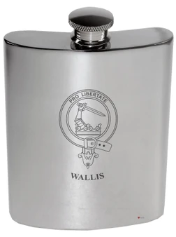 Wallis Family Crest 6oz Polished Pewter Kidney Flask