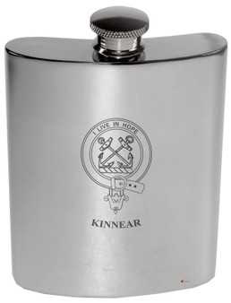 Kinnear Family Crest 6oz Polished Pewter Kidney Flask