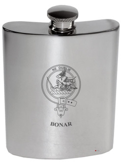Bonar Family Crest 6oz Polished Pewter Kidney Flask
