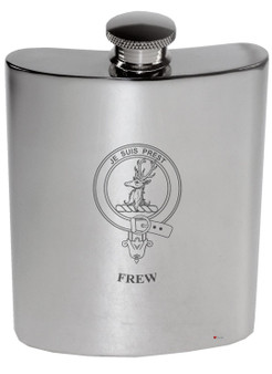 Frew Family Crest 6oz Polished Pewter Kidney Flask