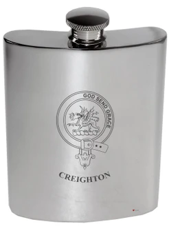 Creighton Family Crest 6oz Polished Pewter Kidney Flask