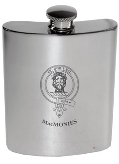 MacMonies Family Crest 6oz Polished Pewter Kidney Flask