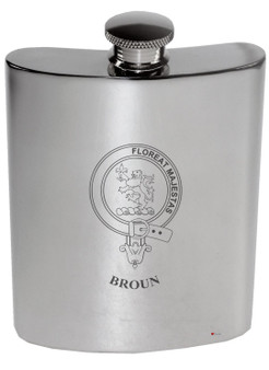 Broun Family Crest 6oz Polished Pewter Kidney Flask