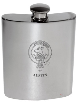 Austin Family Crest 6oz Polished Pewter Kidney Flask