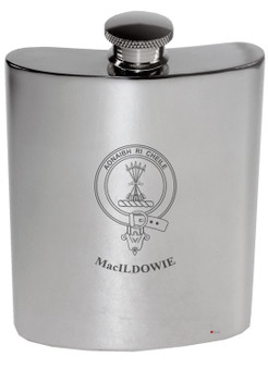MacIldowie Family Crest 6oz Polished Pewter Kidney Flask