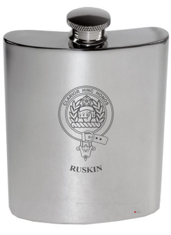 Ruskin Family Crest 6oz Polished Pewter Kidney Flask