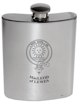 Macleod of Lewes Family Crest 6oz Polished Pewter Kidney Flask