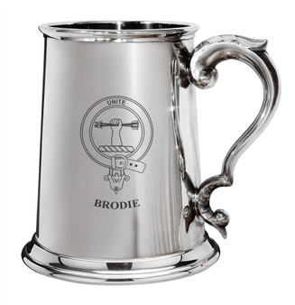 Brodie Family Crest Polished Pewter 1 Pint Tankard with Scroll handle