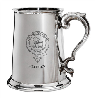 Jeffrey Family Crest Polished Pewter 1 Pint Tankard with Scroll handle