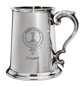 Clarke Family Crest Polished Pewter 1 Pint Tankard with Scroll handle