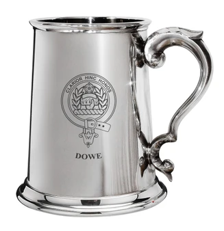 Dowe Family Crest Polished Pewter 1 Pint Tankard with Scroll handle