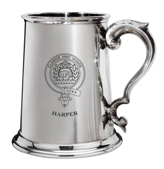 Harper Family Crest Polished Pewter 1 Pint Tankard with Scroll handle