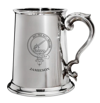 Jamieson Family Crest Polished Pewter 1 Pint Tankard with Scroll handle