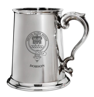 Dobson Family Crest Polished Pewter 1 Pint Tankard with Scroll handle