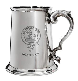 Donillson Family Crest Polished Pewter 1 Pint Tankard with Scroll handle