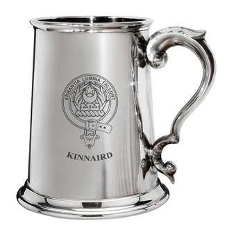 Kinnaird Family Crest Polished Pewter 1 Pint Tankard with Scroll handle