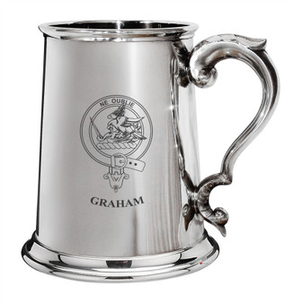 Graham Family Crest Polished Pewter 1 Pint Tankard with Scroll handle