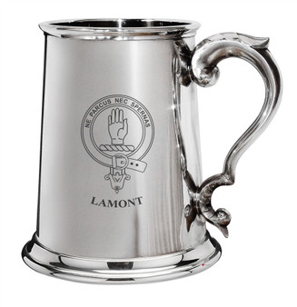 Lamont Family Crest Polished Pewter 1 Pint Tankard with Scroll handle