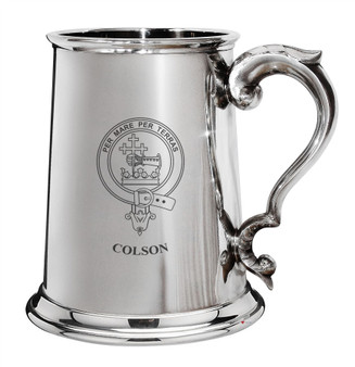Colson Family Crest Polished Pewter 1 Pint Tankard with Scroll handle