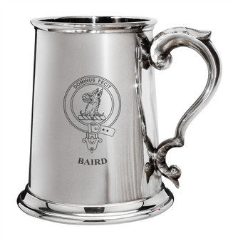 Baird Family Crest Polished Pewter 1 Pint Tankard with Scroll handle