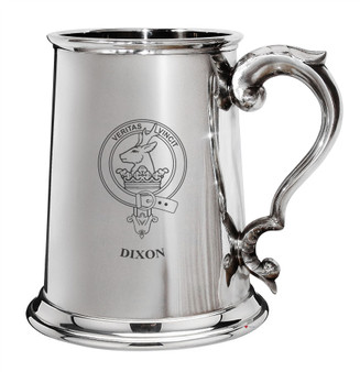 Dixon Family Crest Polished Pewter 1 Pint Tankard with Scroll handle