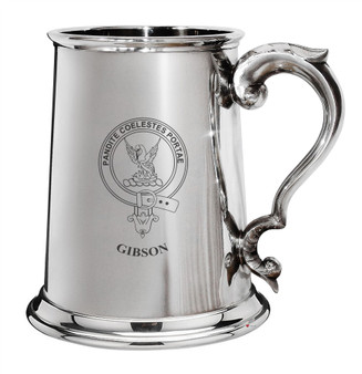 Gibson Family Crest Polished Pewter 1 Pint Tankard with Scroll handle