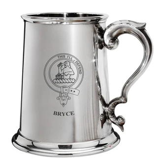 Bryce Family Crest Polished Pewter 1 Pint Tankard with Scroll handle