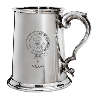 Glass Family Crest Polished Pewter 1 Pint Tankard with Scroll handle