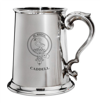 Caddell Family Crest Polished Pewter 1 Pint Tankard with Scroll handle