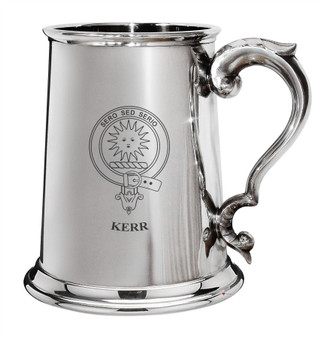 Kerr Family Crest Polished Pewter 1 Pint Tankard with Scroll handle