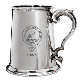 Gunn Family Crest Polished Pewter 1 Pint Tankard with Scroll handle