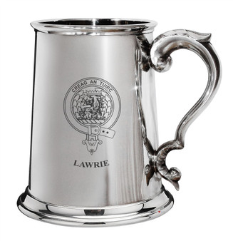 Lawrie Family Crest Polished Pewter 1 Pint Tankard with Scroll handle