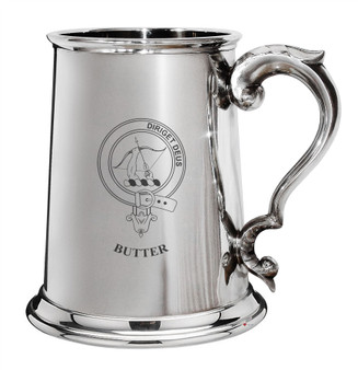 Butter Family Crest Polished Pewter 1 Pint Tankard with Scroll handle