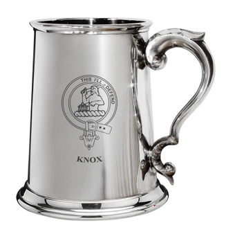 Knox Family Crest Polished Pewter 1 Pint Tankard with Scroll handle