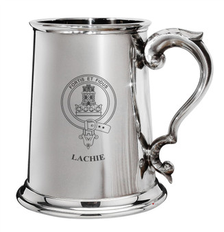 Lachie Family Crest Polished Pewter 1 Pint Tankard with Scroll handle