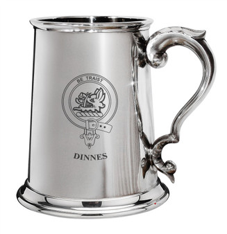 Dinnes Family Crest Polished Pewter 1 Pint Tankard with Scroll handle