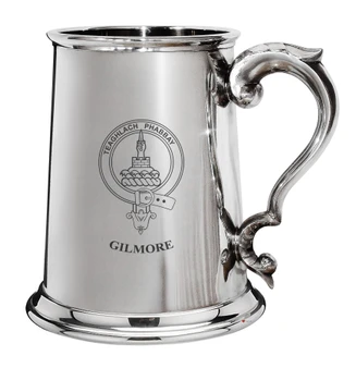 Gilmore Family Crest Polished Pewter 1 Pint Tankard with Scroll handle
