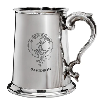 Davidson Family Crest Polished Pewter 1 Pint Tankard with Scroll handle