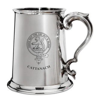 Cattanach Family Crest Polished Pewter 1 Pint Tankard with Scroll handle