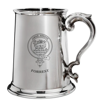 Forrest Family Crest Polished Pewter 1 Pint Tankard with Scroll handle