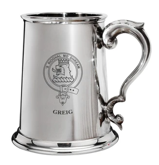 Greig Family Crest Polished Pewter 1 Pint Tankard with Scroll handle