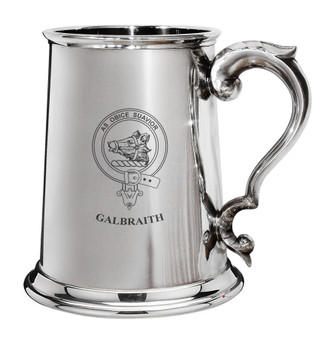 Galbraith Family Crest Polished Pewter 1 Pint Tankard with Scroll handle