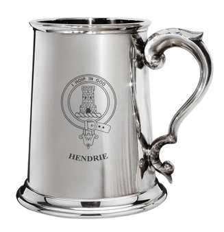 Hendrie Family Crest Polished Pewter 1 Pint Tankard with Scroll handle